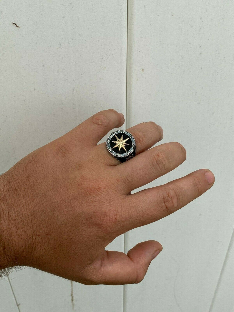 HarlemBling Men 14k Gold and Real Solid 925 Sterling Silver Anchor Sailor Compass Ring Sz 7-13