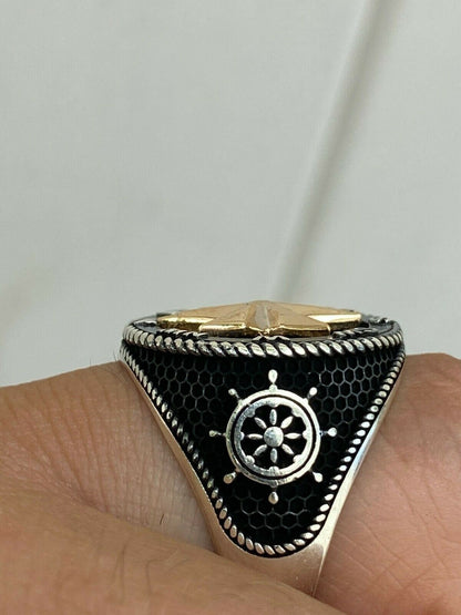 HarlemBling Men 14k Gold and Real Solid 925 Sterling Silver Anchor Sailor Compass Ring Sz 7-13