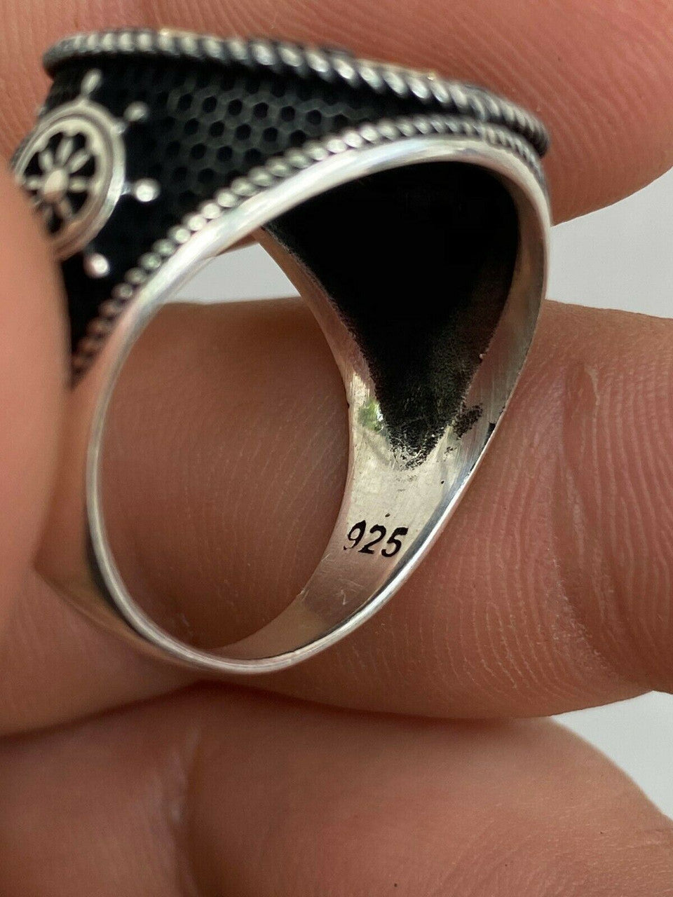 HarlemBling Men 14k Gold and Real Solid 925 Sterling Silver Anchor Sailor Compass Ring Sz 7-13