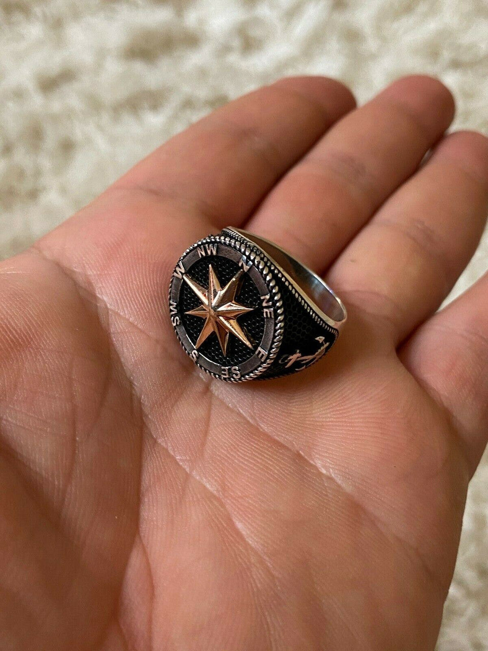 HarlemBling Men 14k Gold and Real Solid 925 Sterling Silver Anchor Sailor Compass Ring Sz 7-13