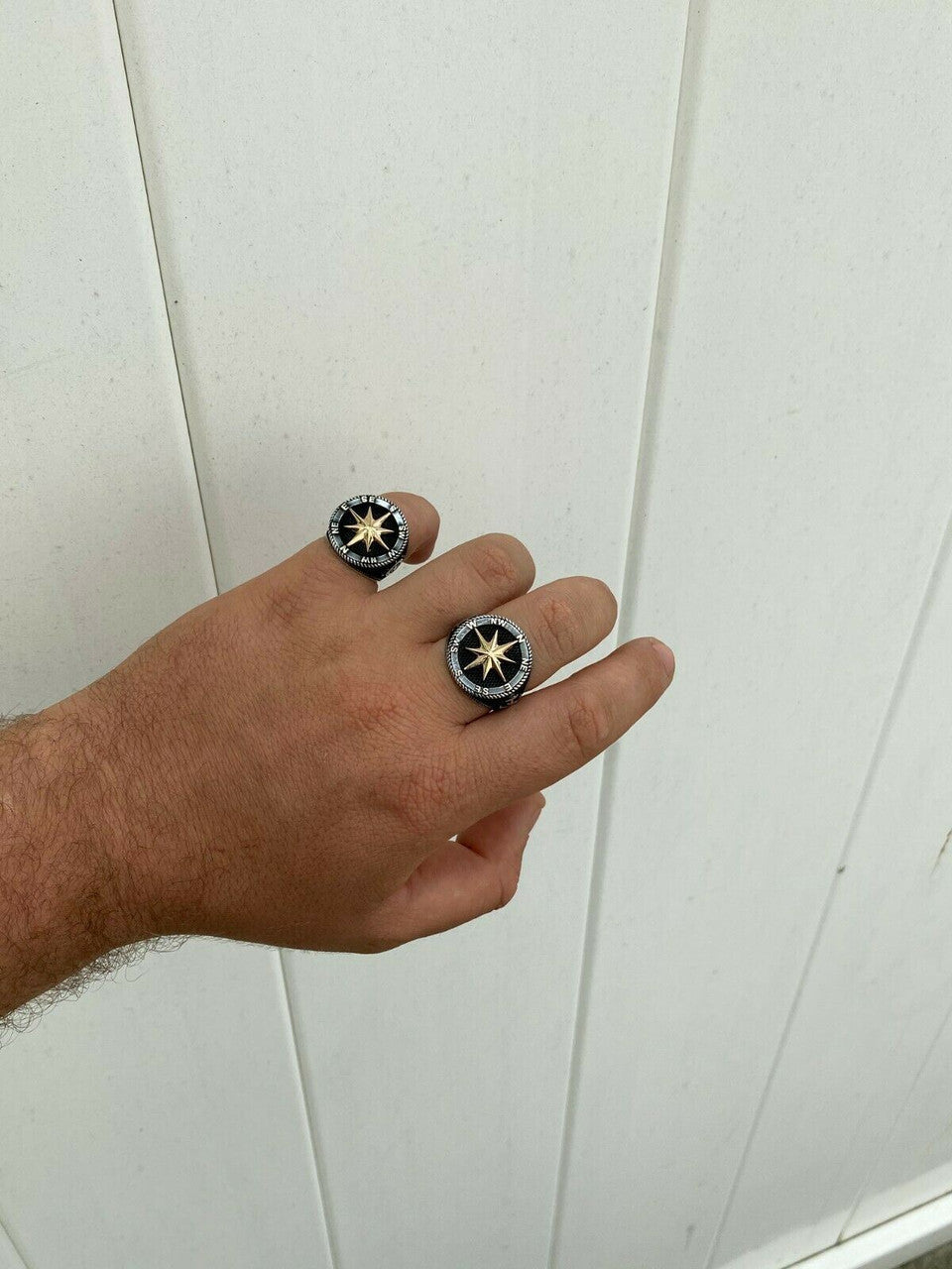 HarlemBling Men 14k Gold and Real Solid 925 Sterling Silver Anchor Sailor Compass Ring Sz 7-13