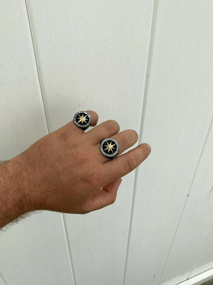 HarlemBling Men 14k Gold and Real Solid 925 Sterling Silver Anchor Sailor Compass Ring Sz 7-13