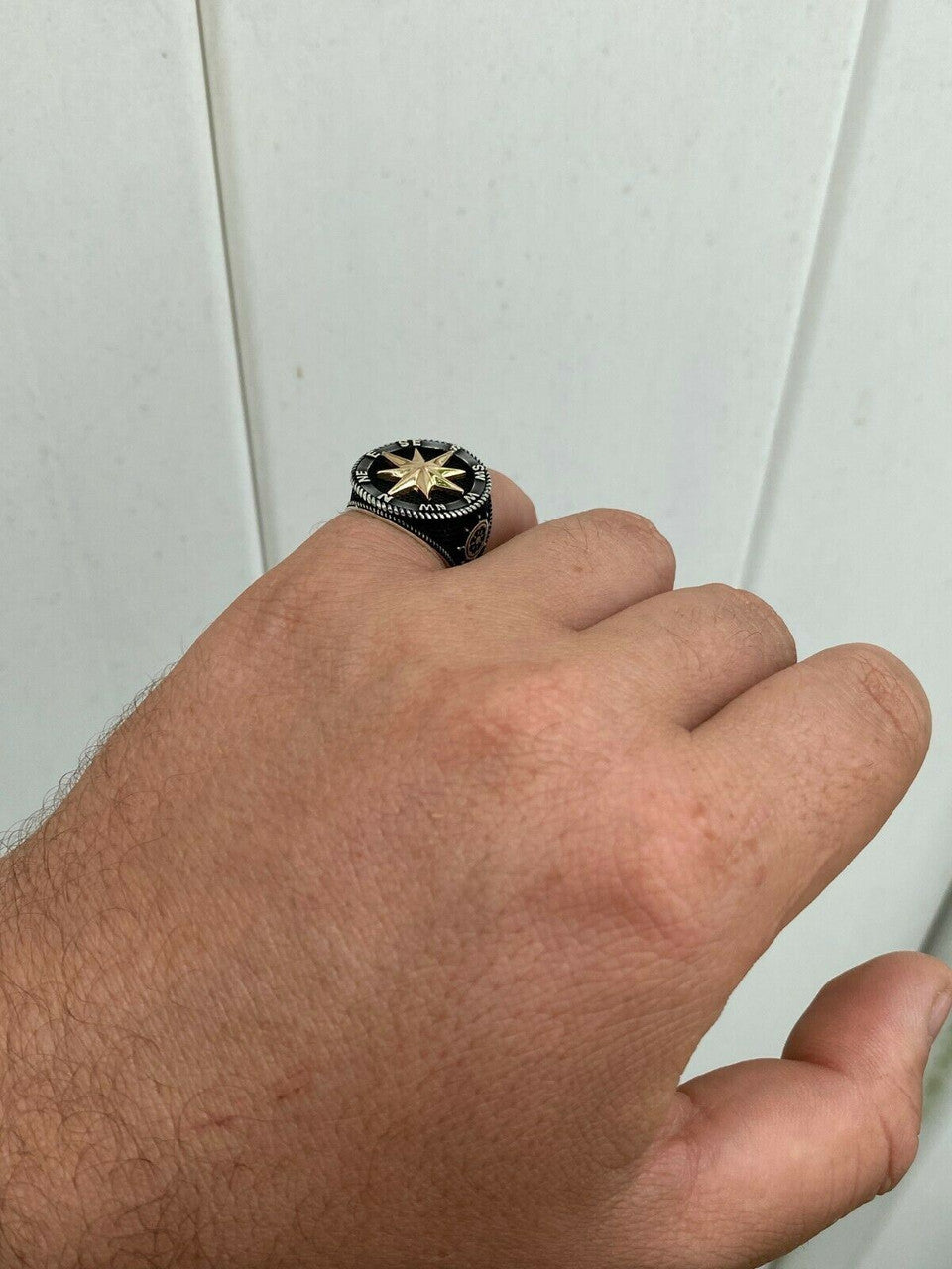 HarlemBling Men 14k Gold and Real Solid 925 Sterling Silver Anchor Sailor Compass Ring Sz 7-13