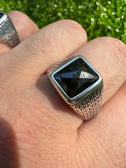 HarlemBling Men Real 925 Sterling Silver Simulated Black Diamond Gem Stone Pinky Ring Iced
