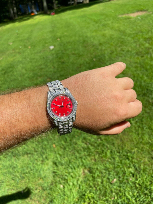 HarlemBling Men Red Dial Presidential Real SS 41mm Watch Fully Iced 12ct Flooded Out Diamond