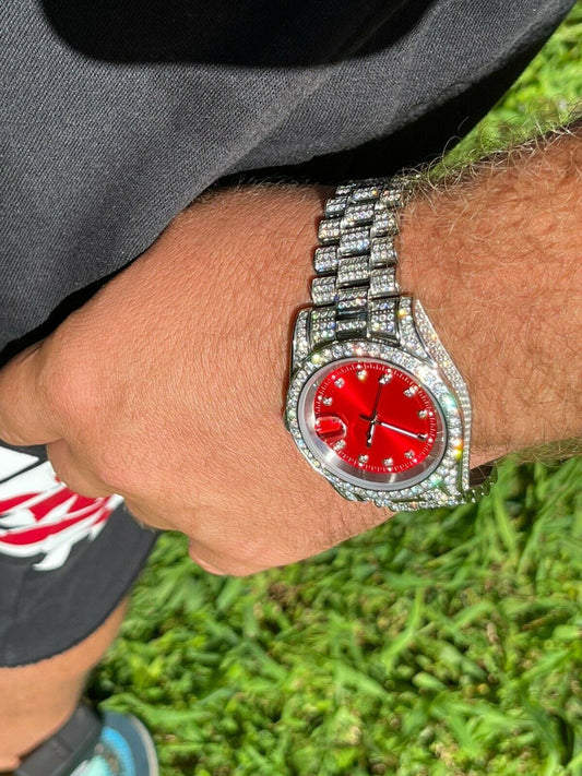 HarlemBling Men Red Dial Presidential Real SS 41mm Watch Fully Iced 12ct Flooded Out Diamond