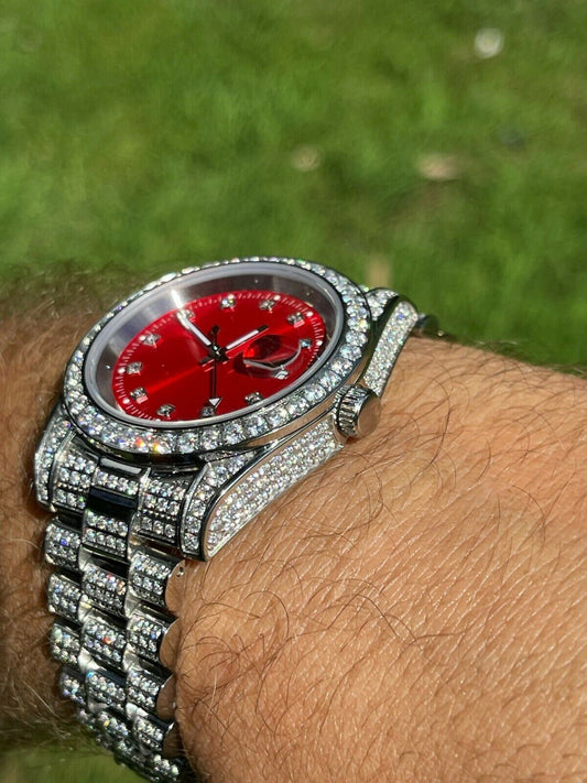 HarlemBling Men Red Dial Presidential Real SS 41mm Watch Fully Iced 12ct Flooded Out Diamond