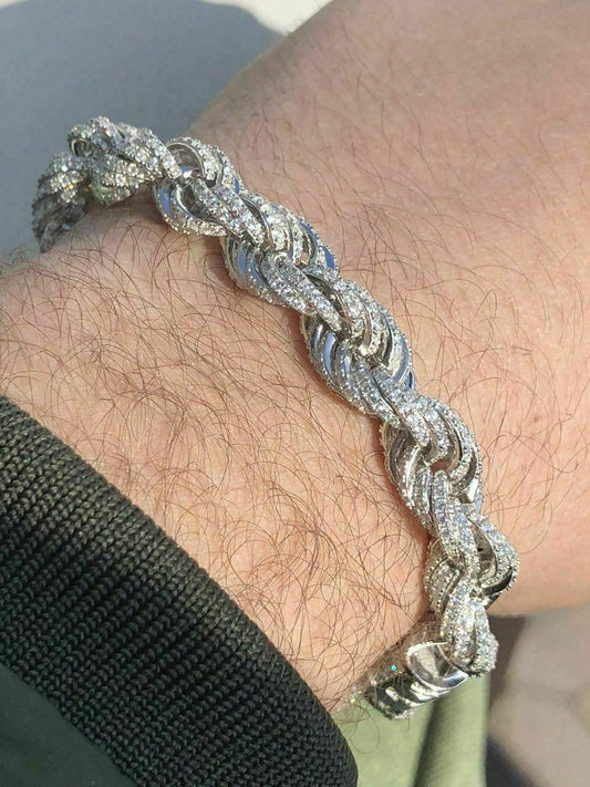 HarlemBling Mens 10mm Rope Bracelet Real Solid 925 Sterling Silver 20ct Diamonds Super ICY