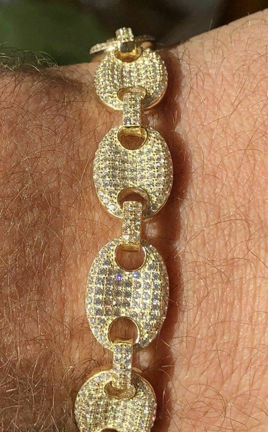 HarlemBling Mens 12mm Gucci Link Bracelet 14k Gold Over Solid 925 Sterling Silver Diamond