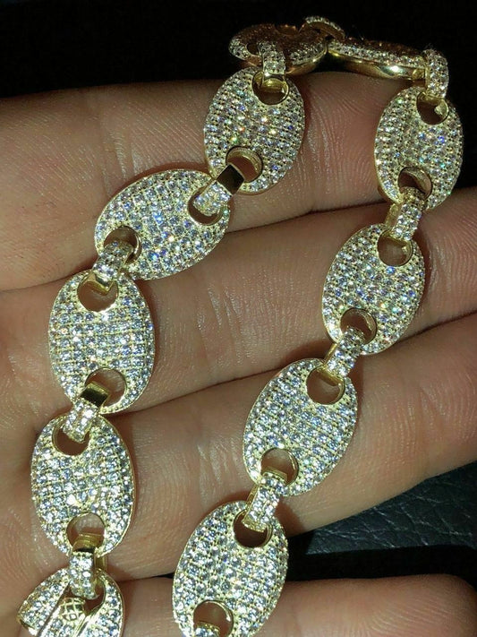 HarlemBling Mens 12mm Gucci Link Bracelet 14k Gold Over Solid 925 Sterling Silver Diamond