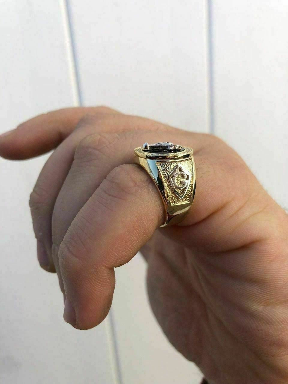 HarlemBling Mens 14k Gold and Real Solid 925 Silver Free Mason Masonic G Black Onyx Ring Pinky