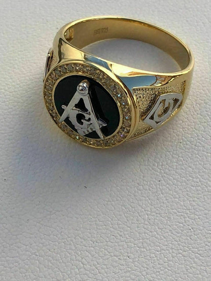 HarlemBling Mens 14k Gold and Real Solid 925 Silver Free Mason Masonic G Black Onyx Ring Pinky