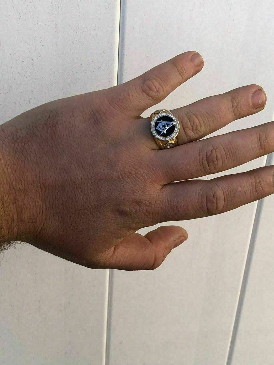 HarlemBling Mens 14k Gold and Real Solid 925 Silver Free Mason Masonic G Black Onyx Ring Pinky