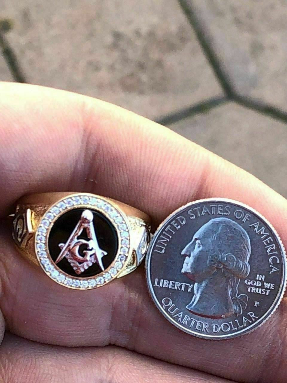 HarlemBling Mens 14k Gold and Real Solid 925 Silver Free Mason Masonic G Black Onyx Ring Pinky