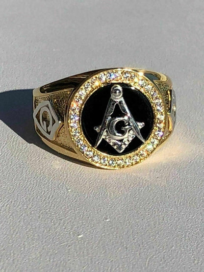 HarlemBling Mens 14k Gold and Real Solid 925 Silver Free Mason Masonic G Black Onyx Ring Pinky