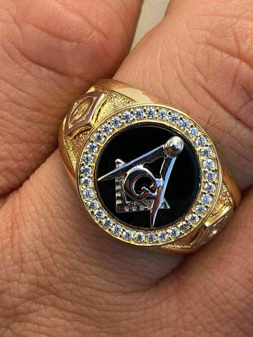 HarlemBling Mens 14k Gold and Real Solid 925 Silver Free Mason Masonic G Black Onyx Ring Pinky