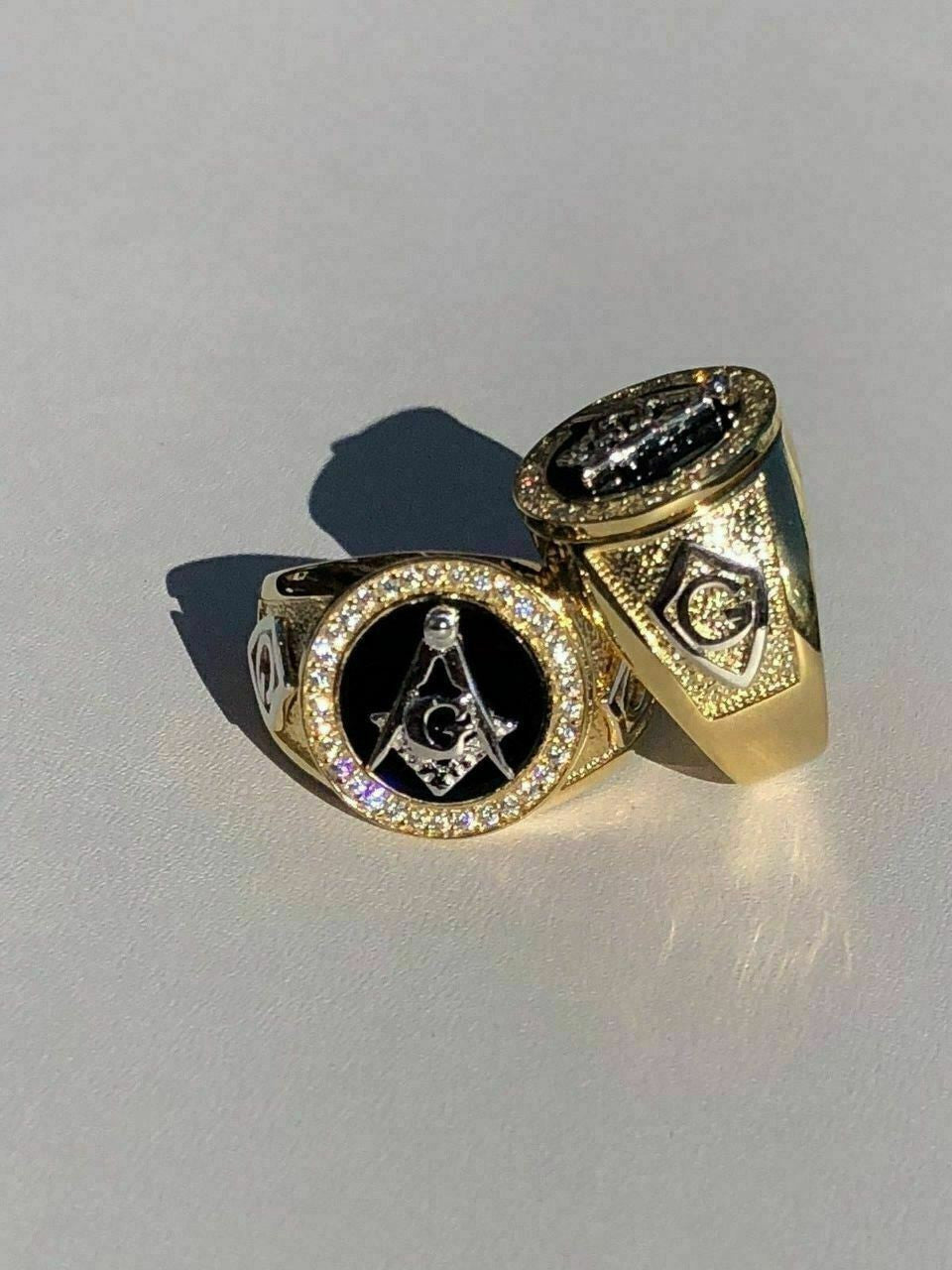 HarlemBling Mens 14k Gold and Real Solid 925 Silver Free Mason Masonic G Black Onyx Ring Pinky
