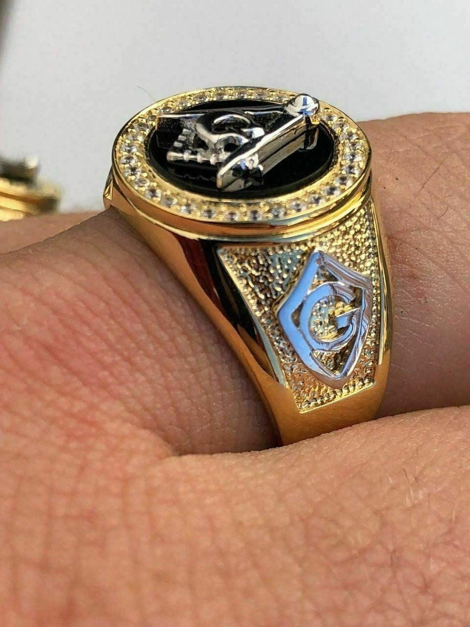 HarlemBling Mens 14k Gold and Real Solid 925 Silver Free Mason Masonic G Black Onyx Ring Pinky