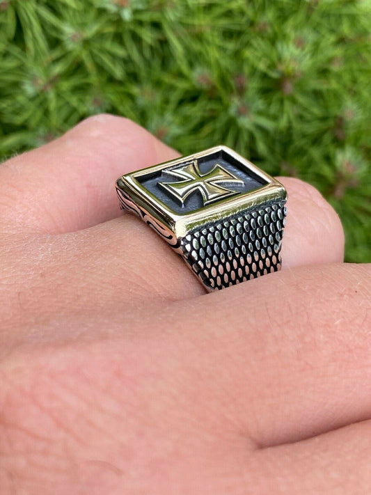 HarlemBling Mens 14k Gold and Real Solid 925 Sterling Silver German Maltese Iron Cross Ring