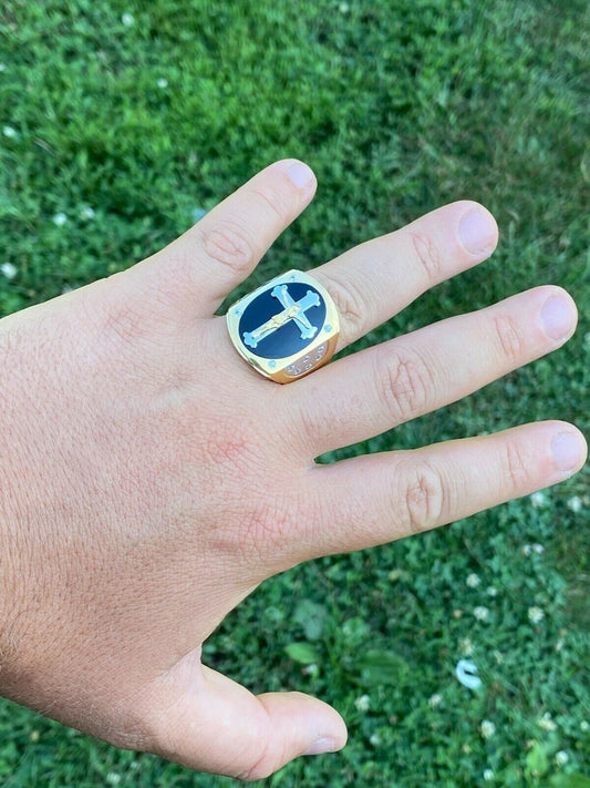 HarlemBling Mens 14k Gold Over Real Solid 925 Silver Jesus On Cross Ring Black Onyx Hip-Hop