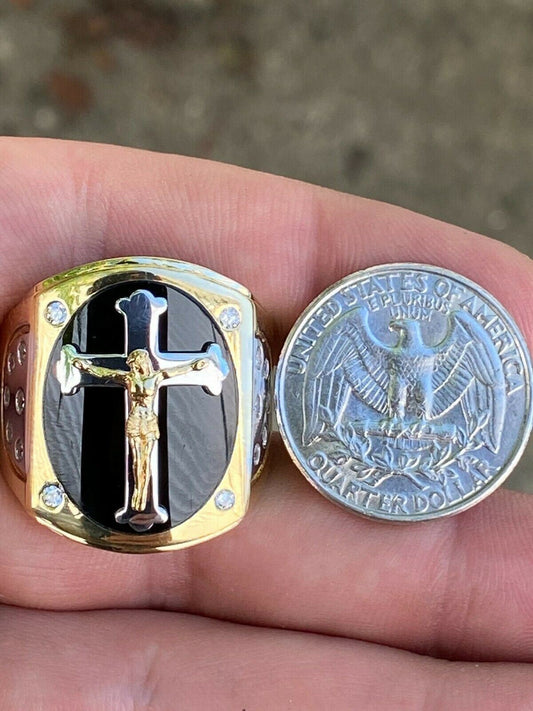HarlemBling Mens 14k Gold Over Real Solid 925 Silver Jesus On Cross Ring Black Onyx Hip-Hop