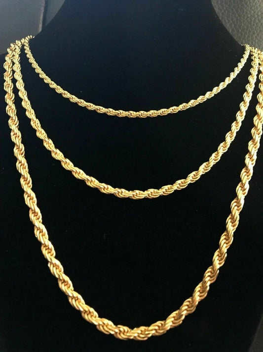 HarlemBling Mens 14K Gold Over Real Solid 925 Silver Rope Chain MADE IN ITALY 20-30 3-5mm