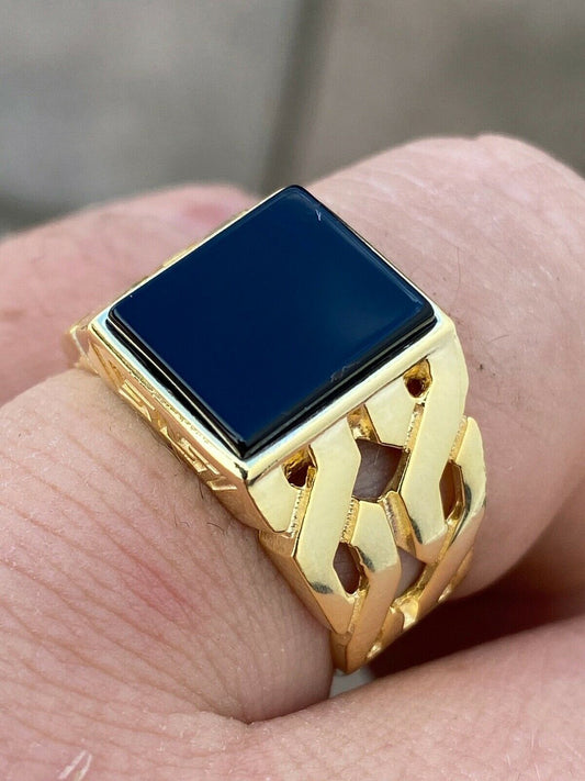 HarlemBling Mens 14k Gold Over Real Solid 925 Sterling Silver Black Onyx Ring Sz 7-13 Pinky