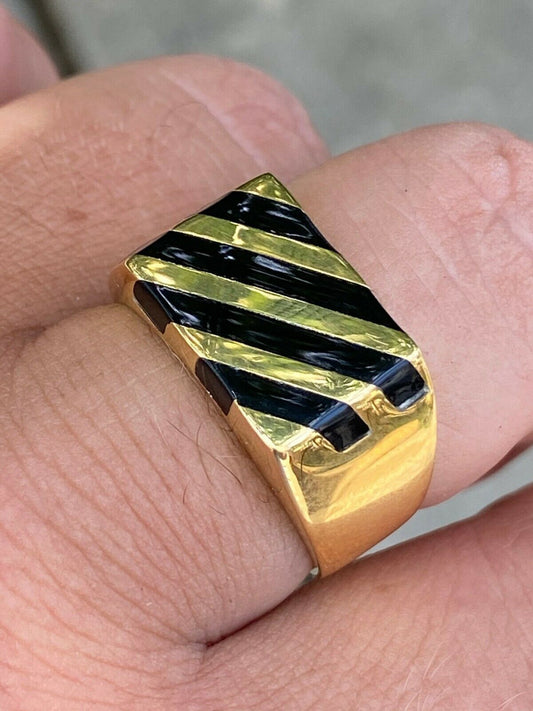 HarlemBling Mens 14k Gold Over Solid 925 Silver Black Onyx Ring Pinky Anillo Para Hombre