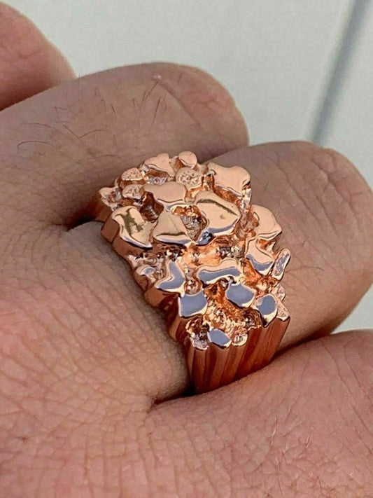HarlemBling Mens 14k Rose Gold Over REAL Solid 925 Sterling Silver Nugget Ring Sizes 6-13