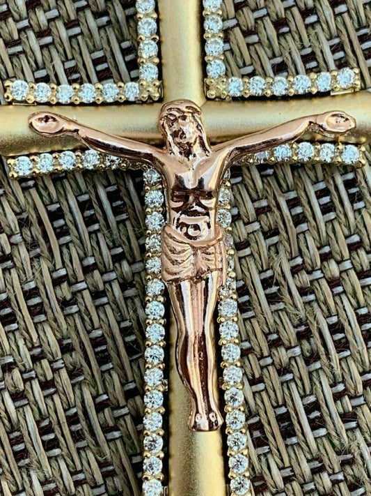 HarlemBling Mens 14k Yellow Gold Over 925 Silver Cross W Rose Gold Jesus Pendant Necklace