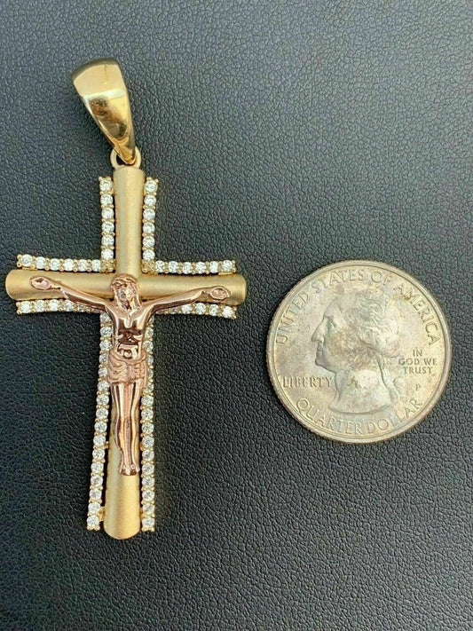 HarlemBling Mens 14k Yellow Gold Over 925 Silver Cross W Rose Gold Jesus Pendant Necklace