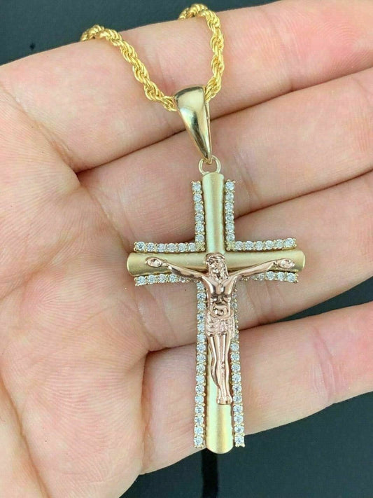 HarlemBling Mens 14k Yellow Gold Over 925 Silver Cross W Rose Gold Jesus Pendant Necklace