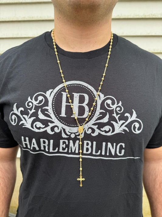 HarlemBling Men's 30" Long Rosary Beads Necklace 14k Gold Over 925 Silver Rosario ITALY 5mm