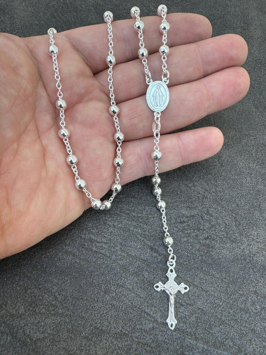 HarlemBling Men's 30" Long Rosary Beads Necklace Solid 925 Sterling Silver Rosario ITALY 5mm