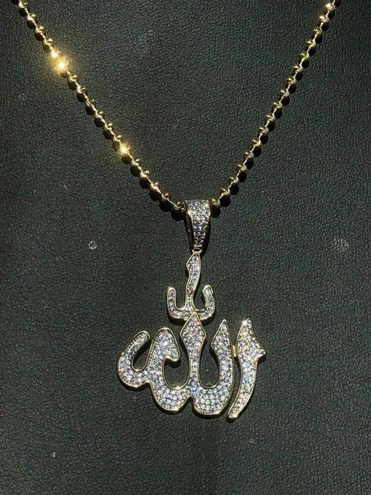 HarlemBling Mens Allah Islam Pendant 1ct Diamond 14K Gold Over Solid 925 Silver REAL ICY