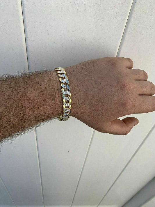 HarlemBling Mens Cuban Bracelet Diamond Cut Two Tone Real 14k Gold and Solid 925 Silver 11mm