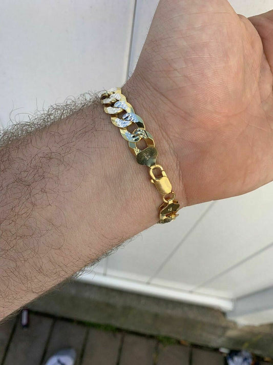 HarlemBling Mens Cuban Bracelet Diamond Cut Two Tone Real 14k Gold and Solid 925 Silver 11mm