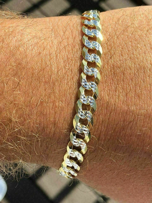 HarlemBling Mens Cuban Bracelet Diamond Cut Two Tone Real 14k Gold and Solid 925 Silver Italy