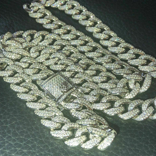 HarlemBling Mens Cuban Miami Link 12mm Chain 925 Silver 40-60ct Man Made Diamonds 18-30
