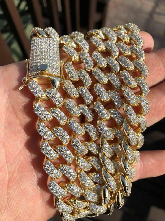 HarlemBling Mens Cuban Miami Link 15mm Chain 14k Yellow Gold Over Solid 925 Silver Diamonds