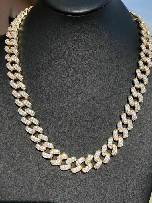 HarlemBling Mens Cuban Miami Link 15mm Chain 14k Yellow Gold Over Solid 925 Silver Diamonds