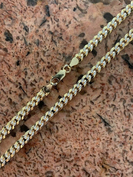 HarlemBling Mens Diamond Cut 5mm Cuban Chain 14k Gold Over Solid 925 Silver Two Tone ITALY