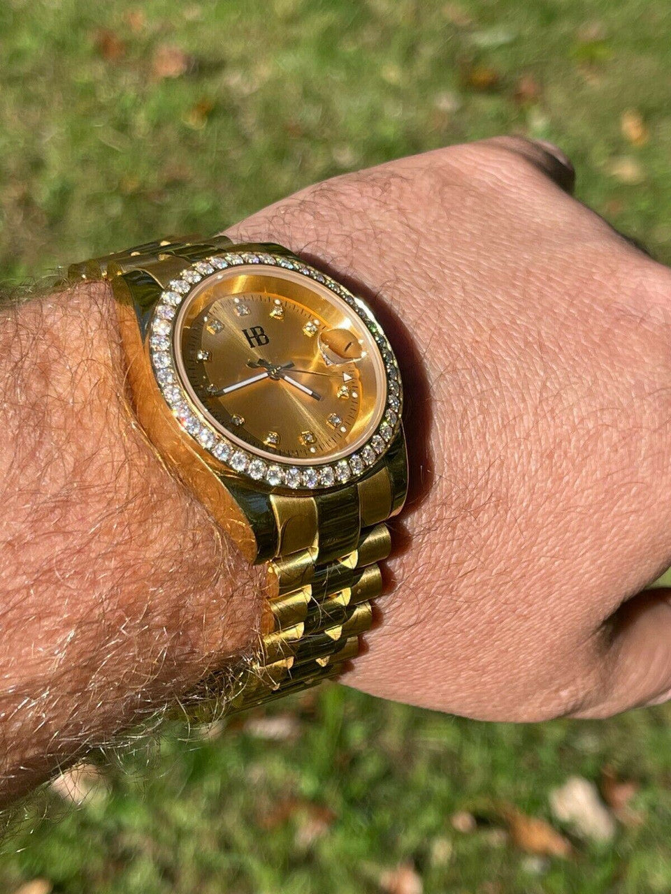 HarlemBling Mens Gold Real Stainless Iced 3.3ct Moissanite Watch Passes Diamond Tester 41mm