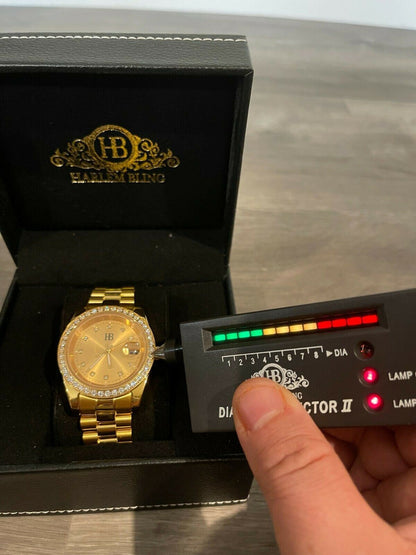 HarlemBling Mens Gold Real Stainless Iced 3.3ct Moissanite Watch Passes Diamond Tester 41mm