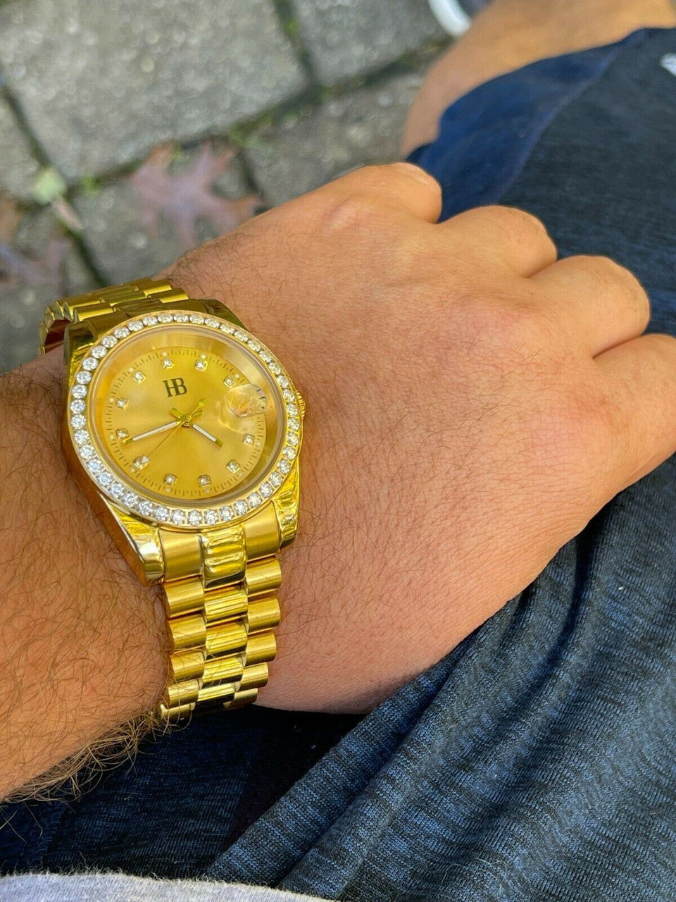 HarlemBling Mens Gold Real Stainless Iced 3.3ct Moissanite Watch Passes Diamond Tester 41mm