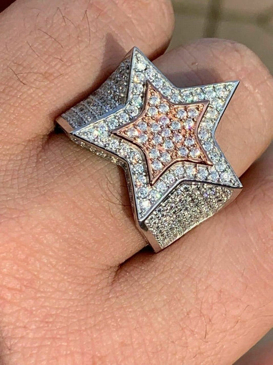 HarlemBling Mens Hip Hop 3D STAR Solid Rose Gold and 925 Silver Diamond Pinky RING Real Icy