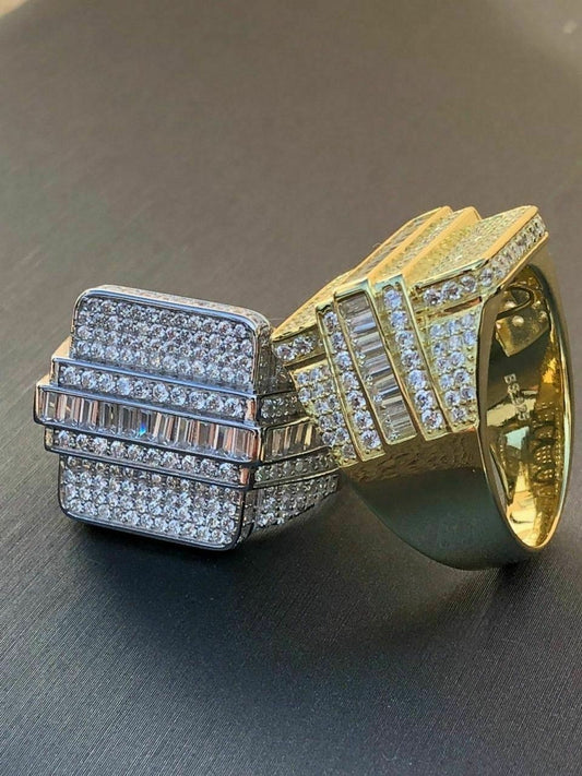 HarlemBling Mens Hip Hop REAL ICY Solid 925 Silver 5ct Baguette CZ Pinky RING 14k Gold