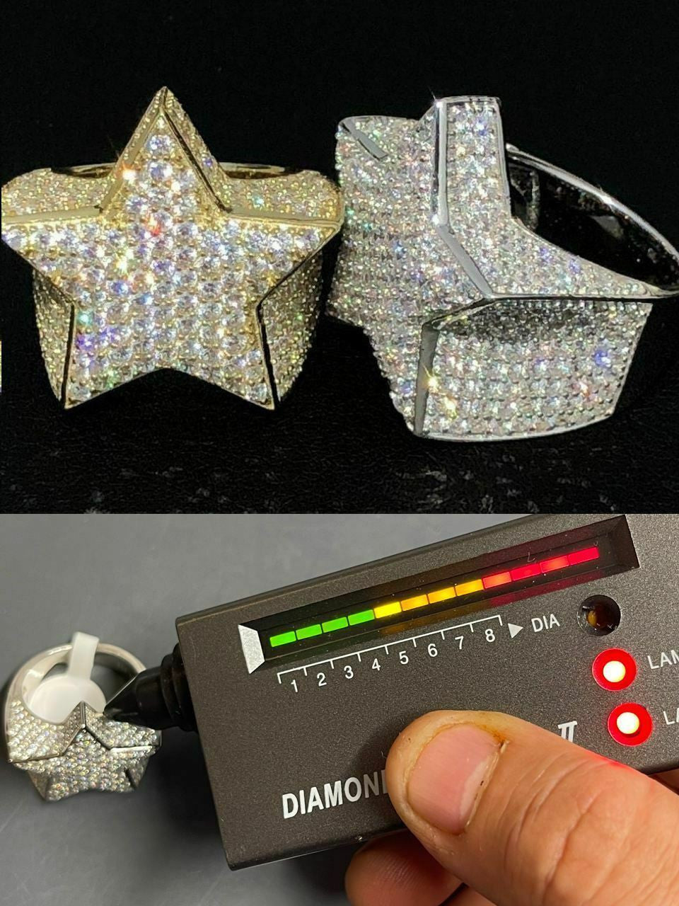 HarlemBling Mens Hip Hop Solid 925 Silver Iced Pinky Star Ring MOISSANITE Pass Diamond Test