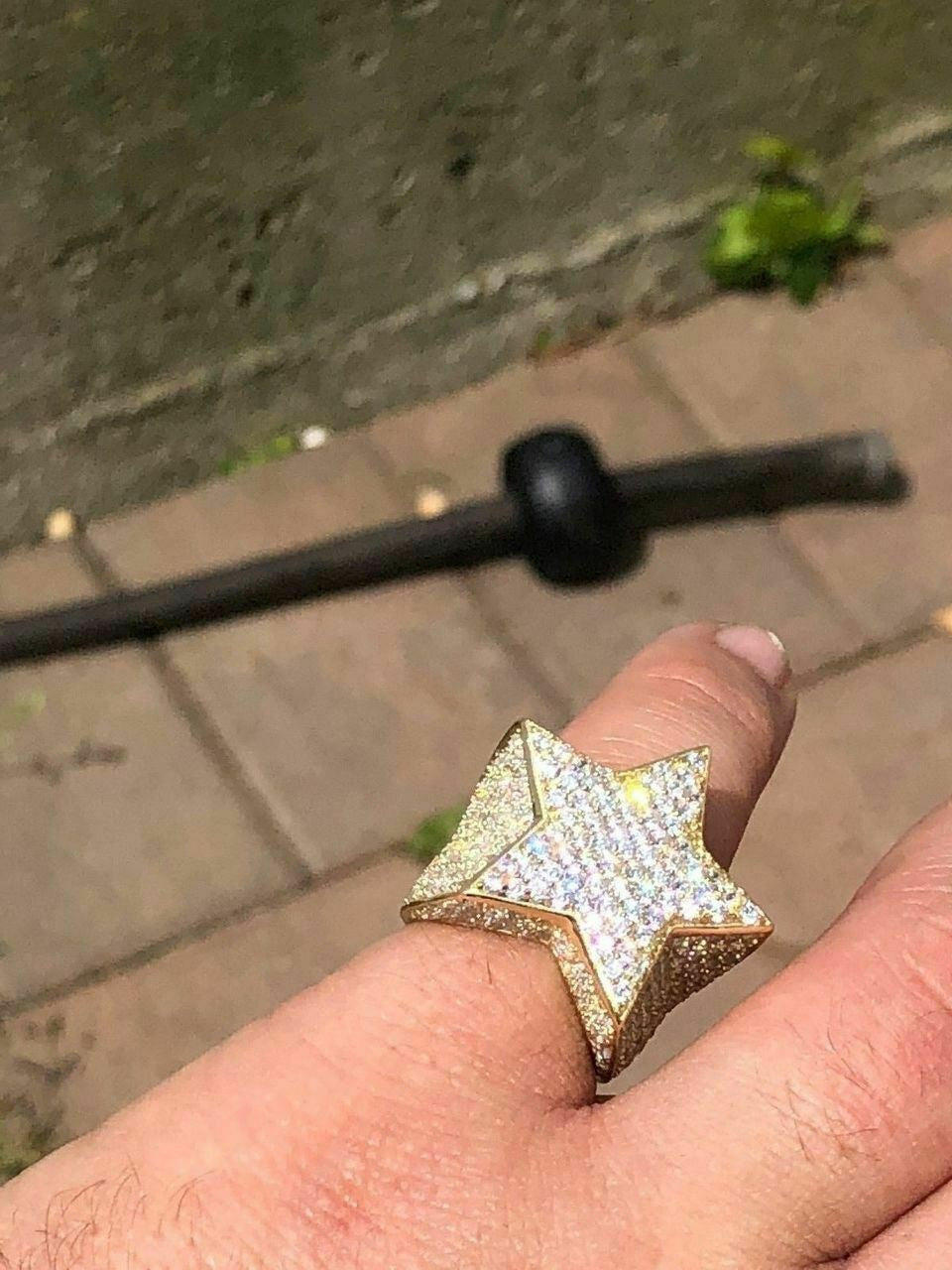 HarlemBling Mens Hip Hop Solid 925 Silver Iced Pinky Star Ring MOISSANITE Pass Diamond Test