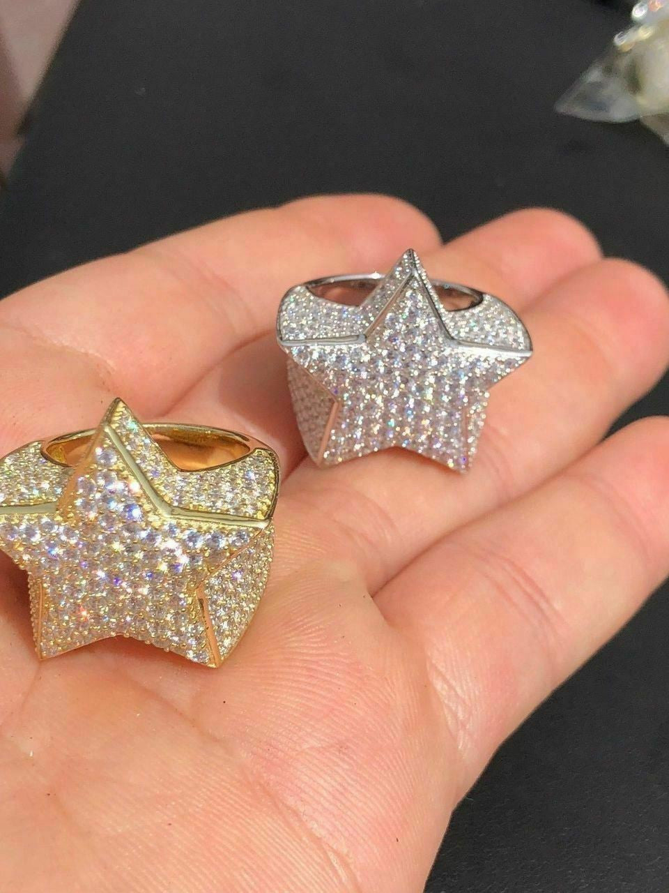 HarlemBling Mens Hip Hop Solid 925 Silver Iced Pinky Star Ring MOISSANITE Pass Diamond Test